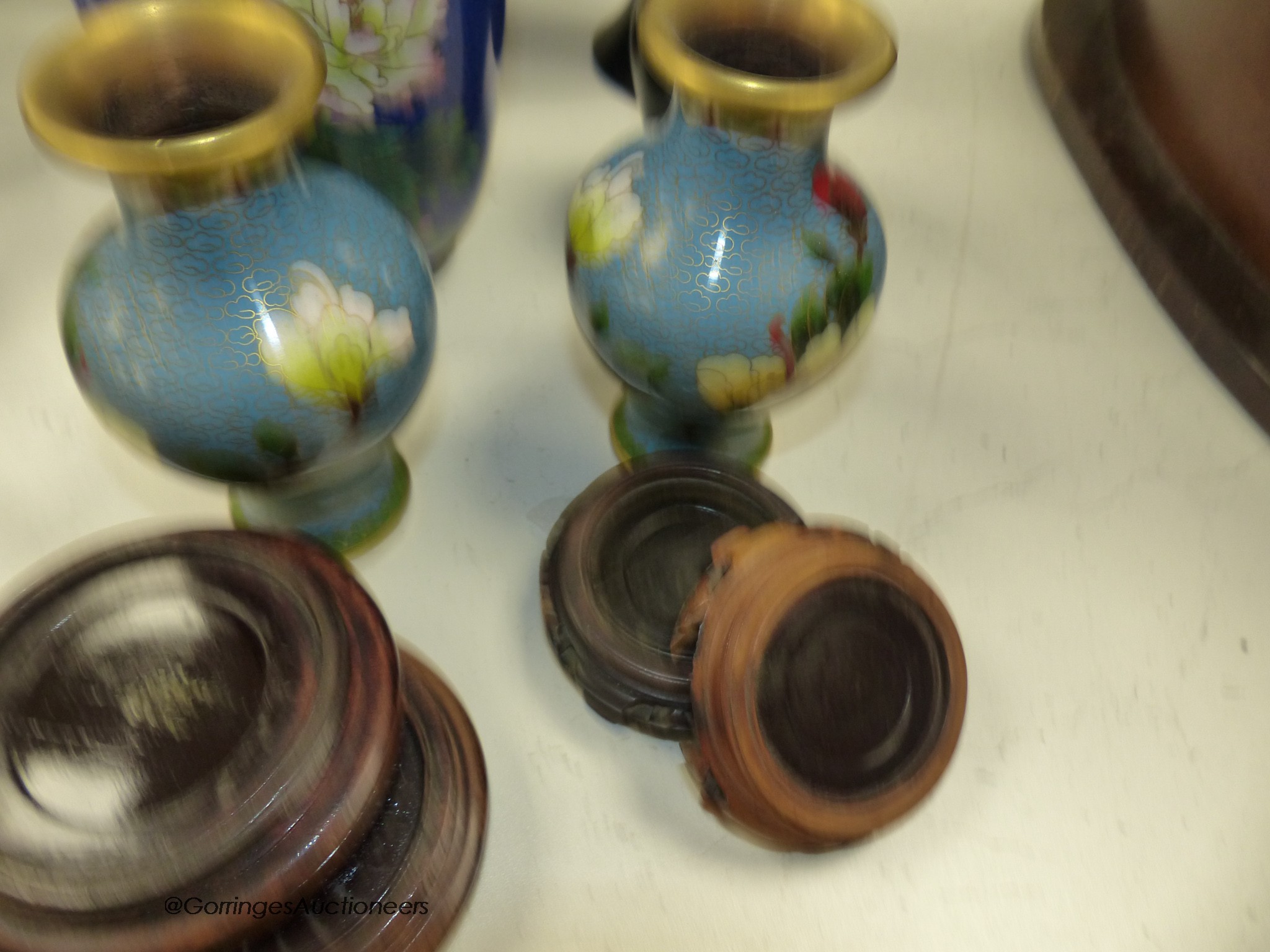 A pair of Chinese cloisonne vases and a smaller pair of cloisonne vases, and two mother of pearl inlaid vases, height 44cm